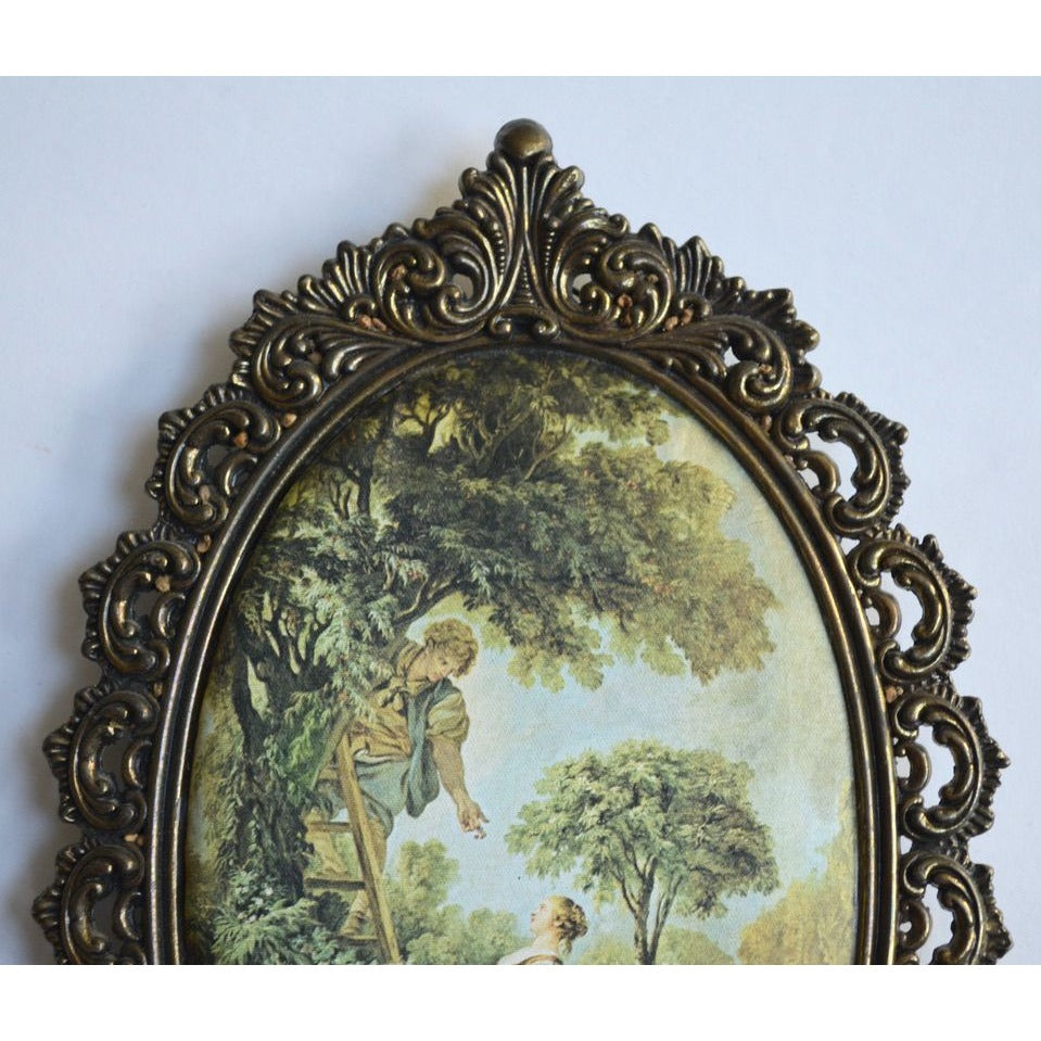 Ornate Metal Frame Silk Fabric Artwork Image Print Vintage Oval