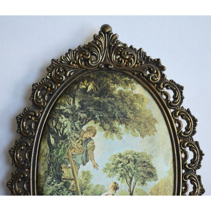 Ornate Metal Frame Silk Fabric Artwork Image Print Vintage Oval