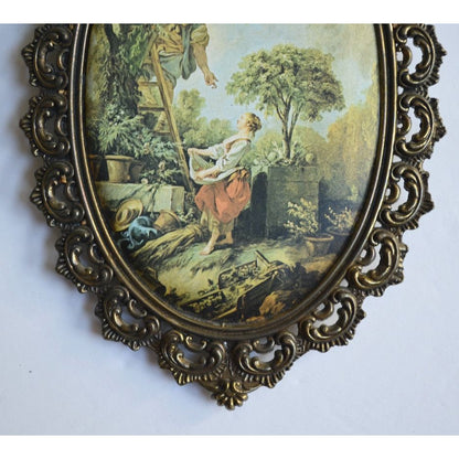 Ornate Metal Frame Silk Fabric Artwork Image Print Vintage Oval