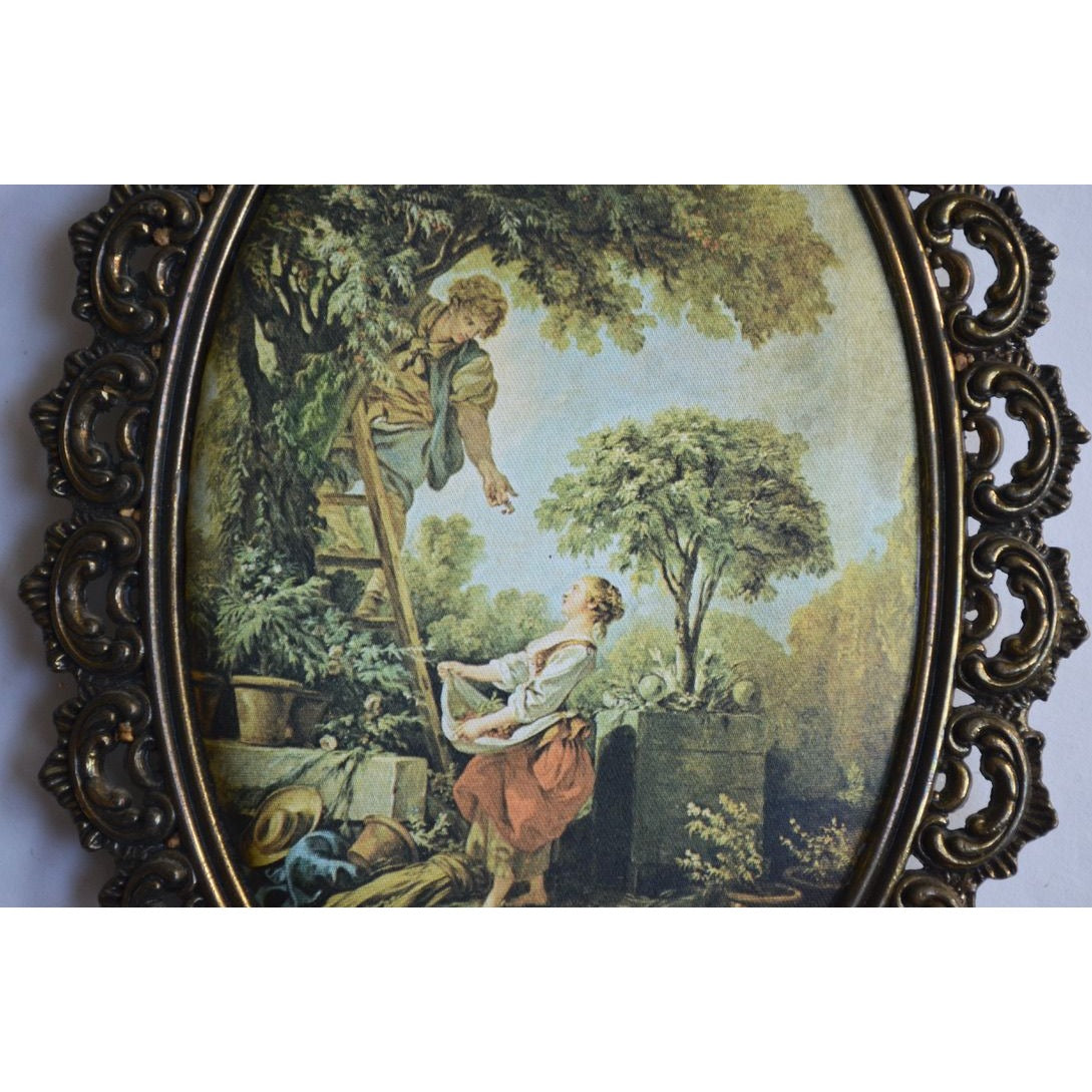 Ornate Metal Frame Silk Fabric Artwork Image Print Vintage Oval