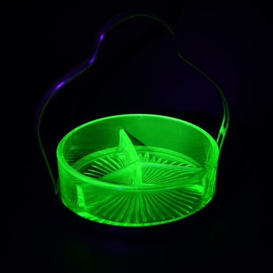Uranium Vaseline Green Glass Divided Relish Dish Bowl w/ Metal Carrying Basket