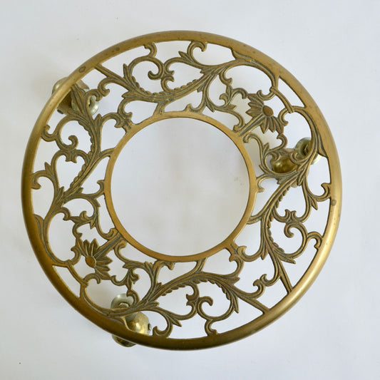 Vintage Brass Filigree Wheeled Plant Stand 11" Diameter