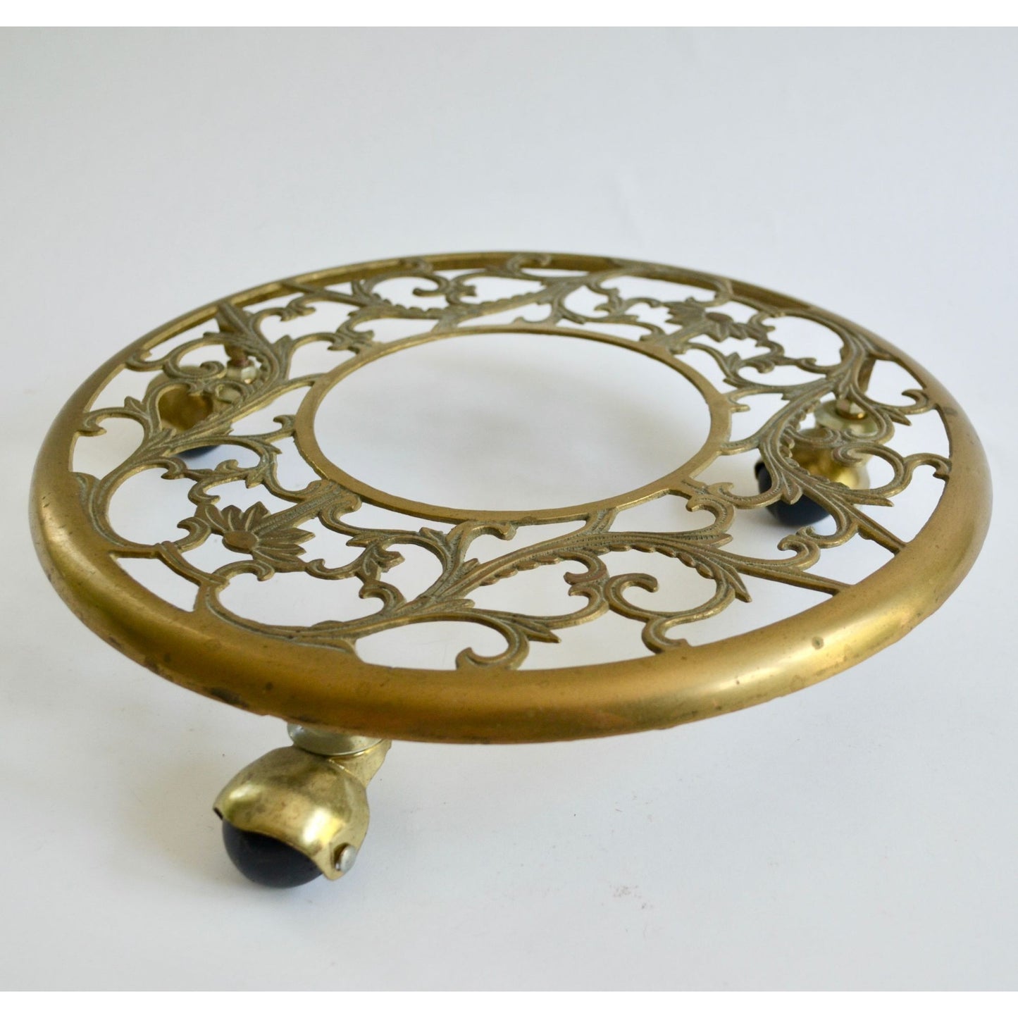 Vintage Brass Filigree Wheeled Plant Stand 11" Diameter