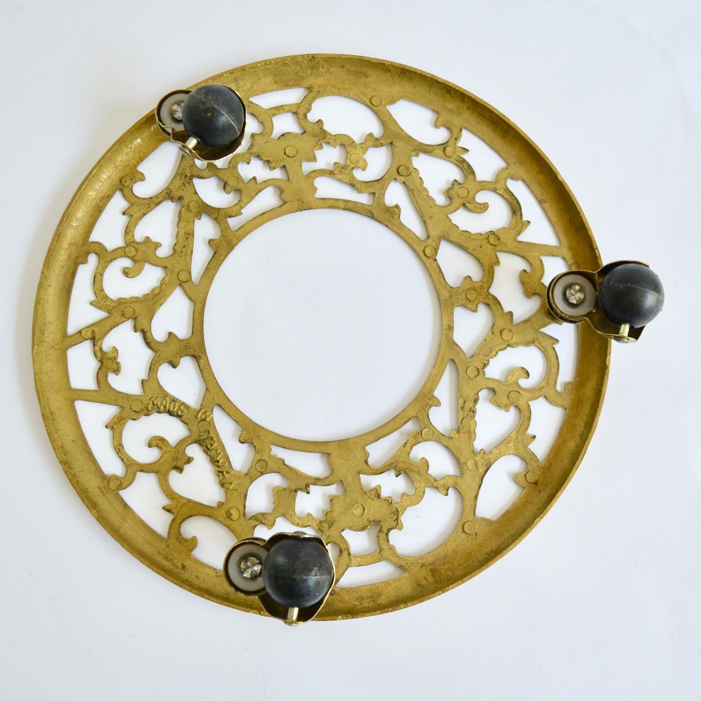 Vintage Brass Filigree Wheeled Plant Stand 11" Diameter