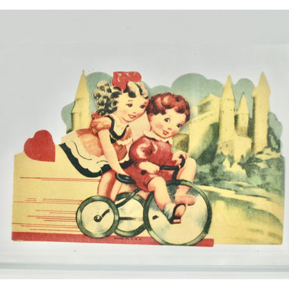 Vintage Valentine's Day Boy Girl on Tricycle Standing Card