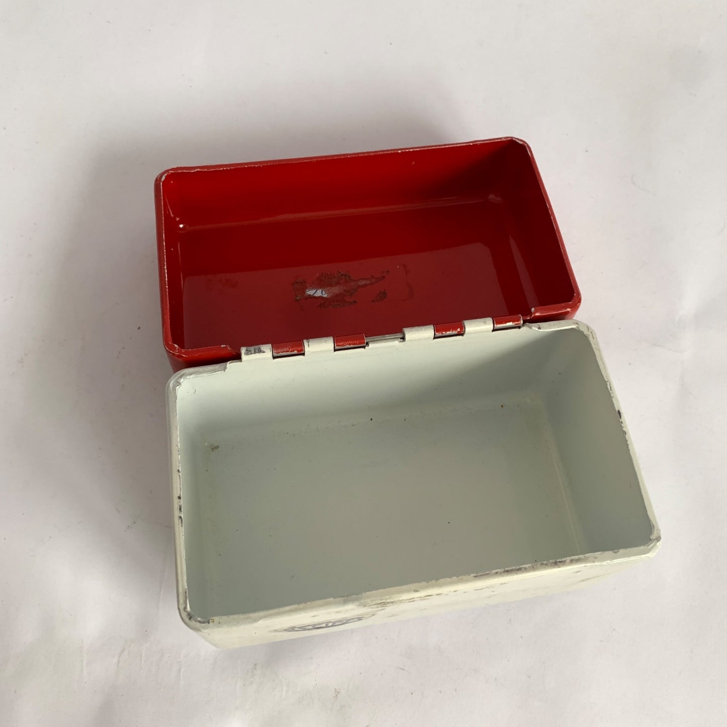 Vintage Red White Metal Recipe Box