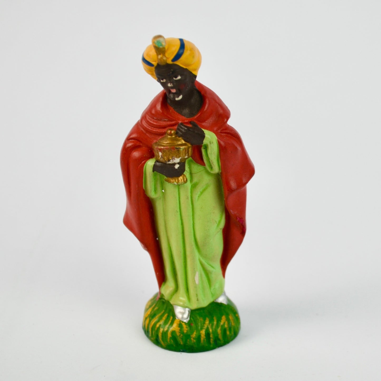 Vintage Hand-Painted Wise Man Figurine Nativity Scene 4" Tall Red & Green Robe