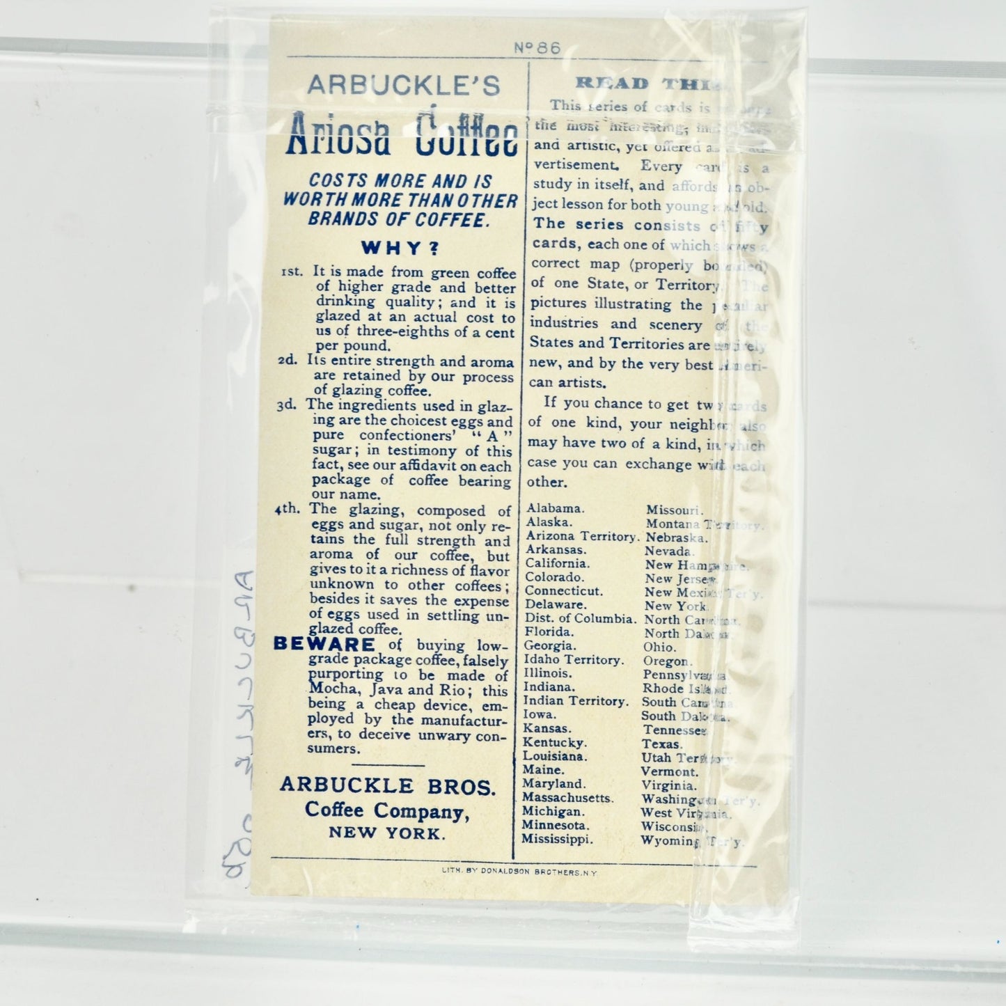Arbuckle's Ariosa Coffee Victorian Trading Card Trade Utah