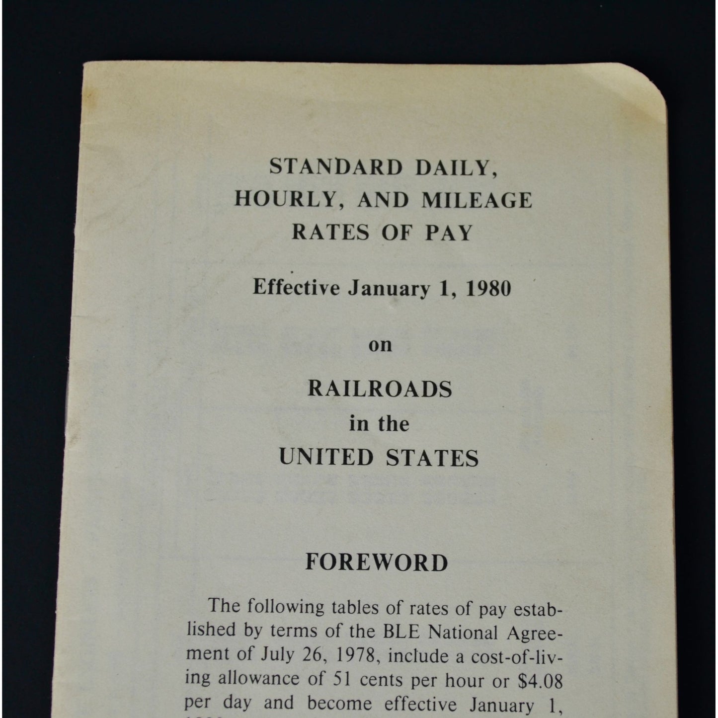 1980 Standard Daily Hourly Mileage Rates of Pay Railroads United States Vintage Booklet
