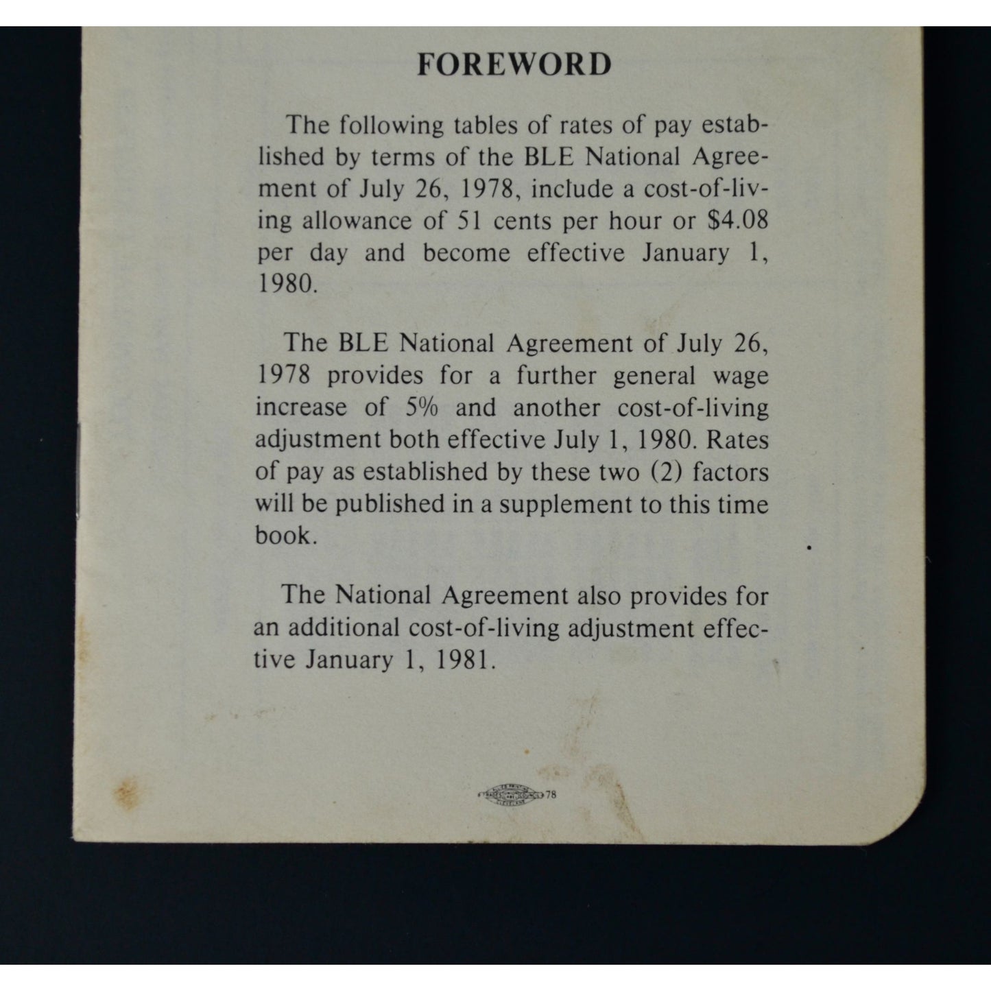 1980 Standard Daily Hourly Mileage Rates of Pay Railroads United States Vintage Booklet