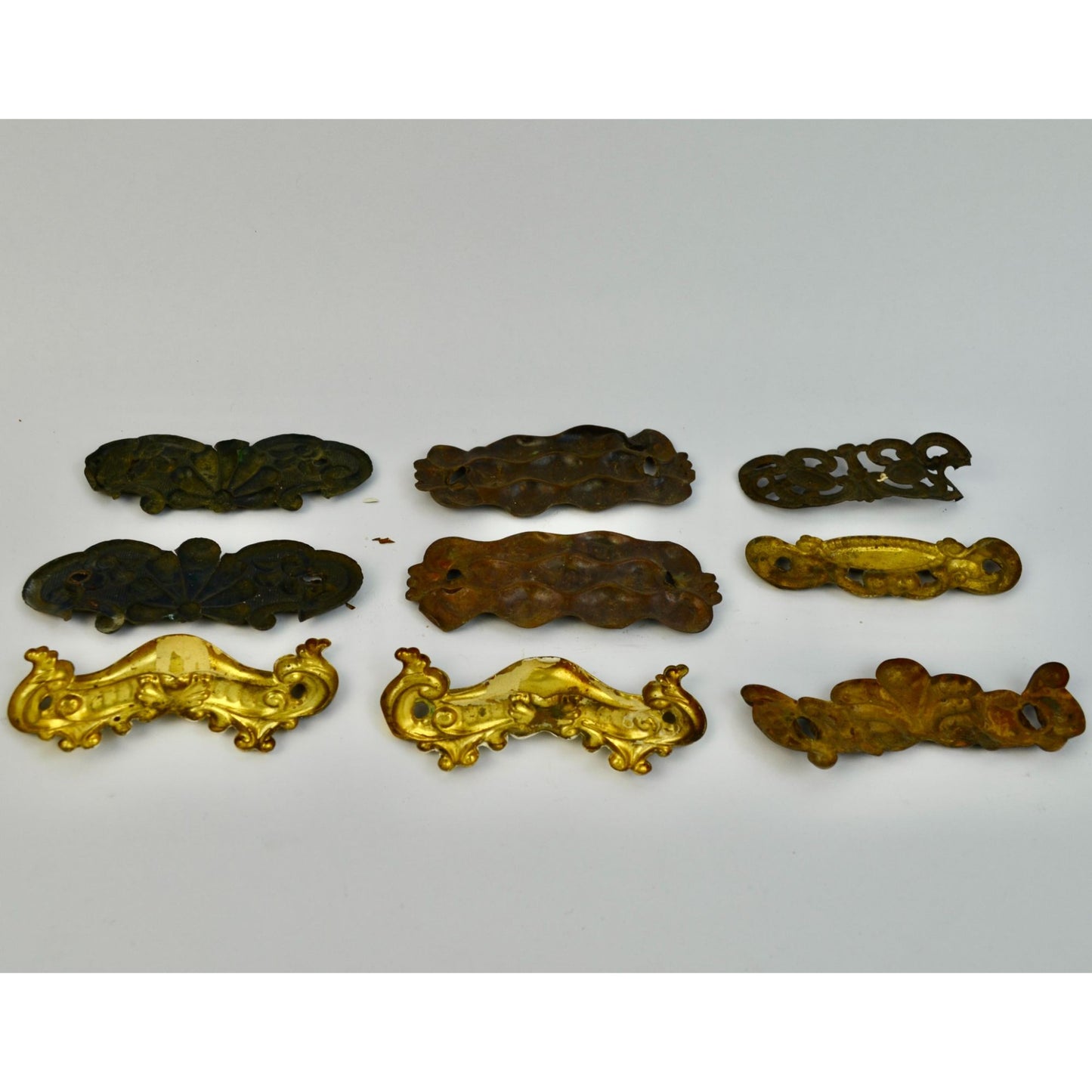 Lot 9 Antique Ornate Metal Drawer Pull Backplates Escutcheons Vintage