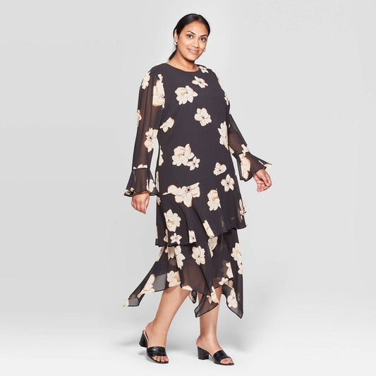 Who What Wear Floral Print Long Sleeve Boat Neck Tiered Ruffle Hem a-Line MIDI Dress