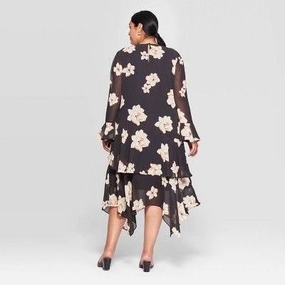 Who What Wear Floral Print Long Sleeve Boat Neck Tiered Ruffle Hem a-Line MIDI Dress