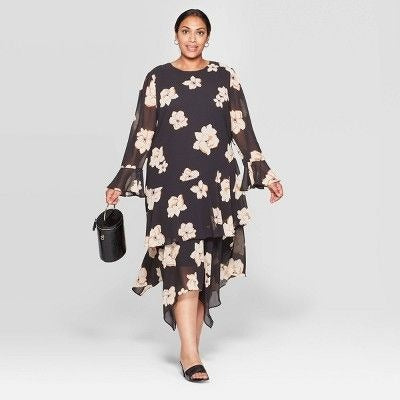 Who What Wear Floral Print Long Sleeve Boat Neck Tiered Ruffle Hem a-Line MIDI Dress