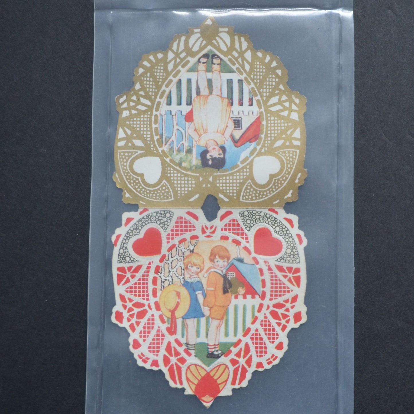 Vintage Embossed Die Cut Valentine Card Boy Girl Fence