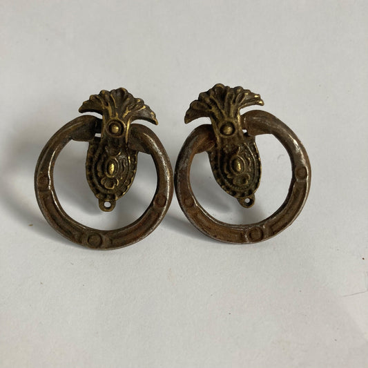 Lot 2 Antique Brass Drawer Pulls Hanging Drop Ring Victorian Vintage