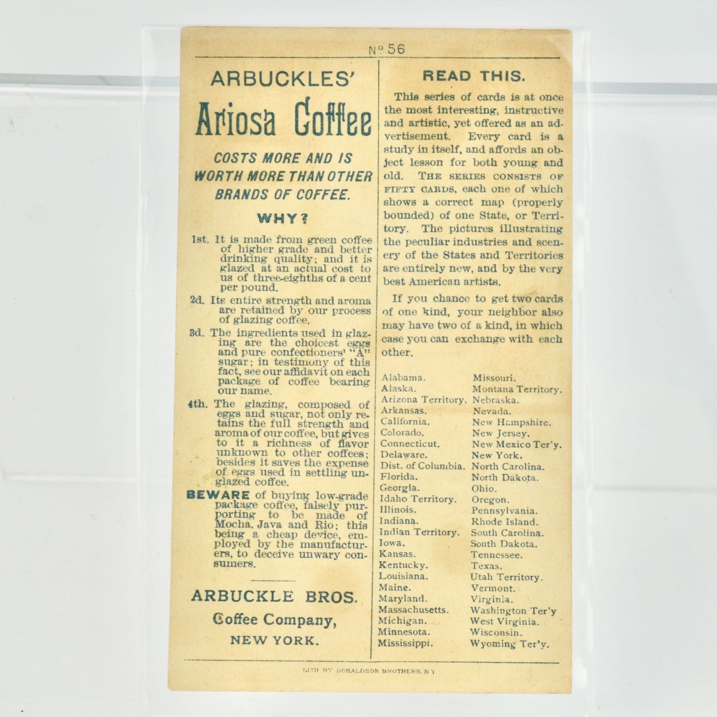 Arbuckles' Ariosa Coffee Victorian Trade Card Antique Maryland
