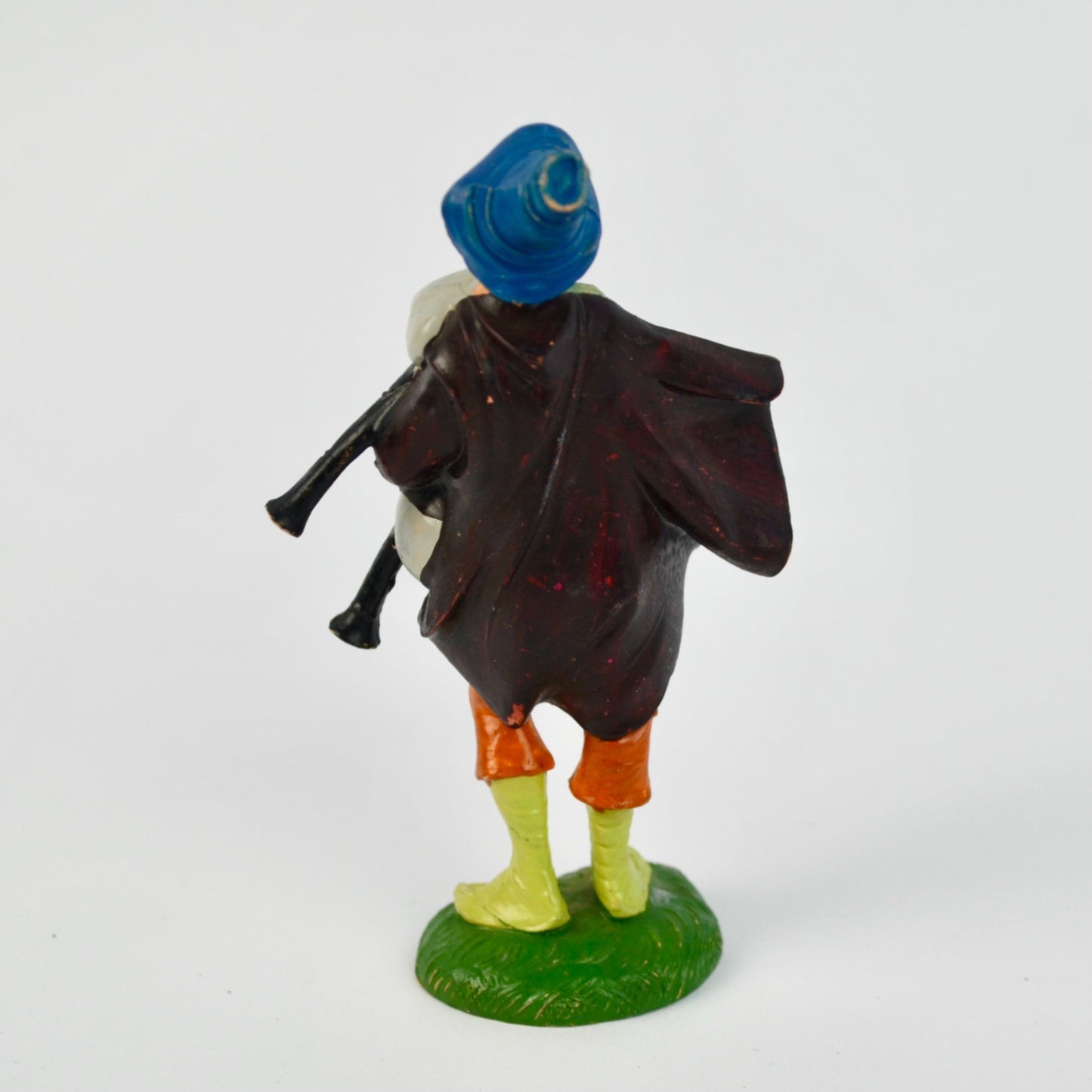 Hand-Painted Depose Italy Bagpiper Figurine With Blue Hat & Green Base Nativity