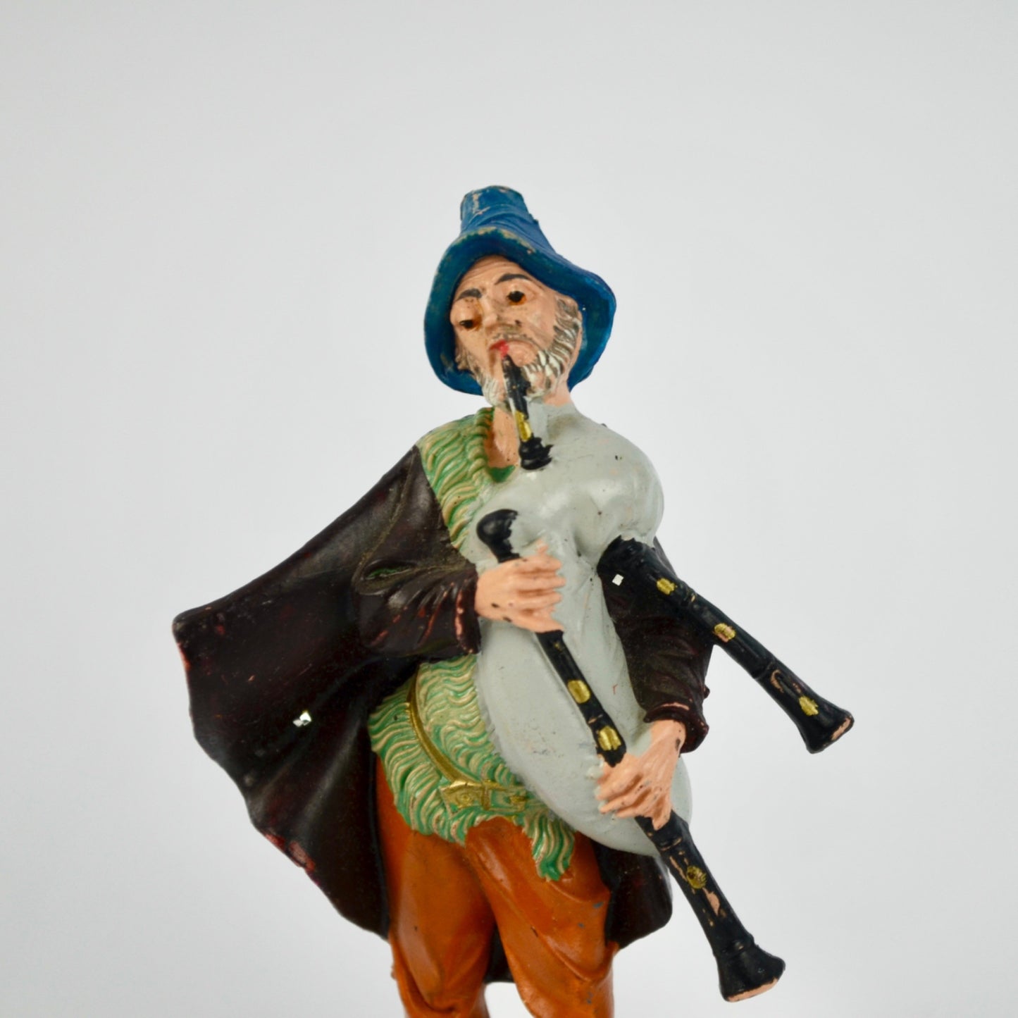 Hand-Painted Depose Italy Bagpiper Figurine With Blue Hat & Green Base Nativity