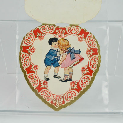 Vintage Valentine Card Heart Boy Girl Kissing