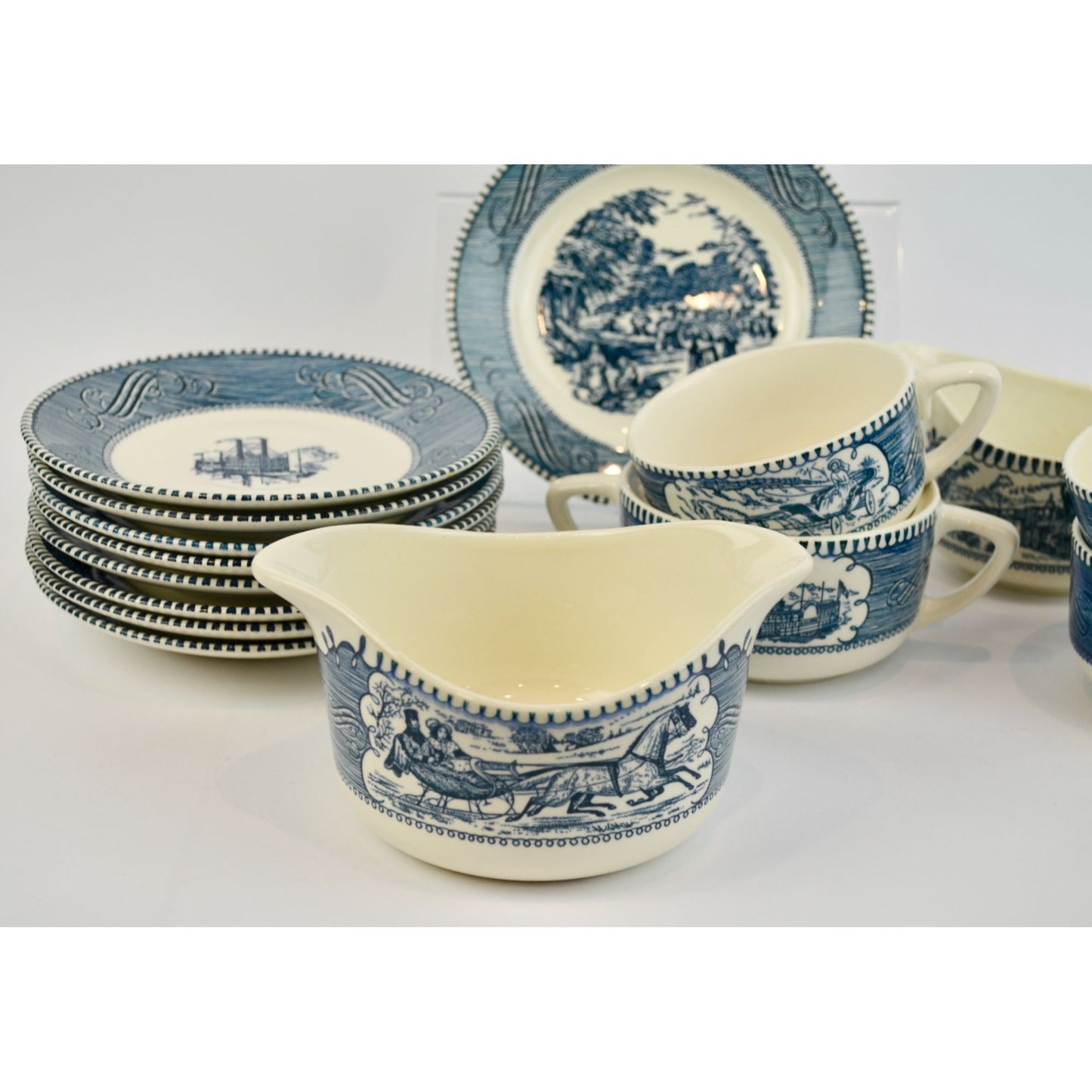 Currier & Ives Blue Dinnerware Set Various Pieces Plates Mugs Creamer Sugar
