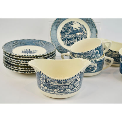 Currier & Ives Blue Dinnerware Set Various Pieces Plates Mugs Creamer Sugar