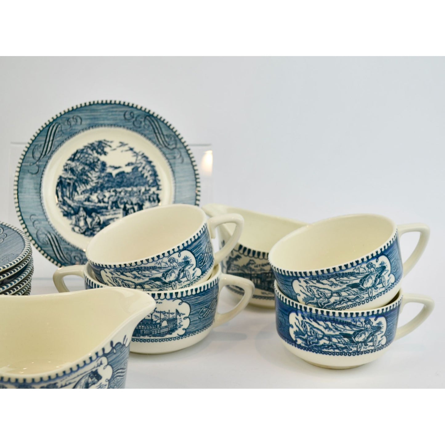 Currier & Ives Blue Dinnerware Set Various Pieces Plates Mugs Creamer Sugar