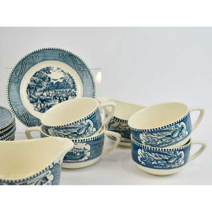 Currier & Ives Blue Dinnerware Set Various Pieces Plates Mugs Creamer Sugar