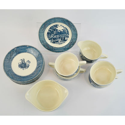 Currier & Ives Blue Dinnerware Set Various Pieces Plates Mugs Creamer Sugar