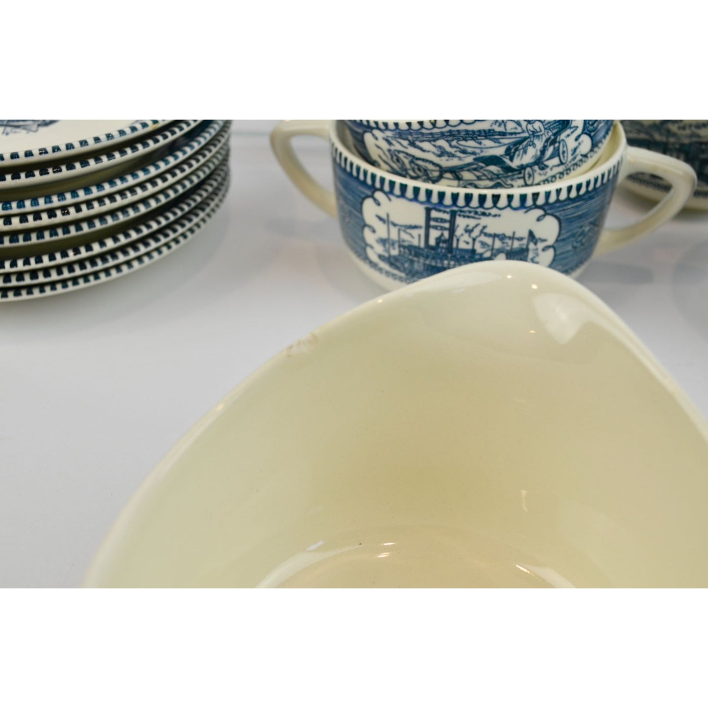 Currier & Ives Blue Dinnerware Set Various Pieces Plates Mugs Creamer Sugar
