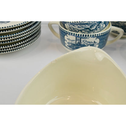 Currier & Ives Blue Dinnerware Set Various Pieces Plates Mugs Creamer Sugar