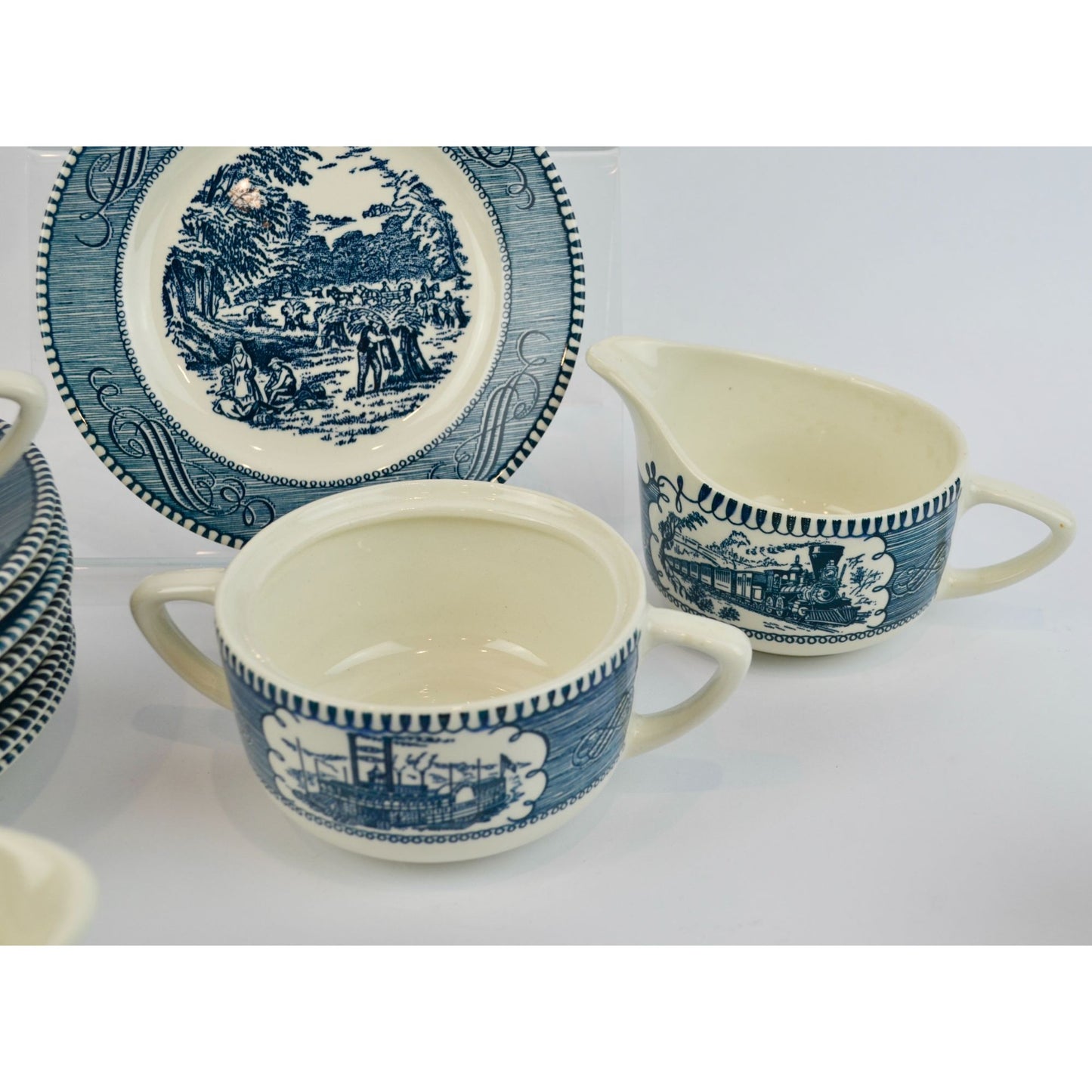 Currier & Ives Blue Dinnerware Set Various Pieces Plates Mugs Creamer Sugar
