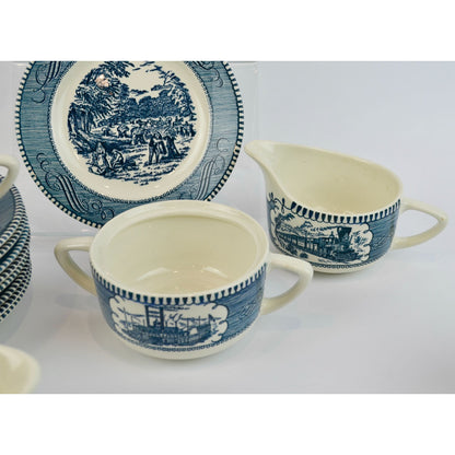 Currier & Ives Blue Dinnerware Set Various Pieces Plates Mugs Creamer Sugar