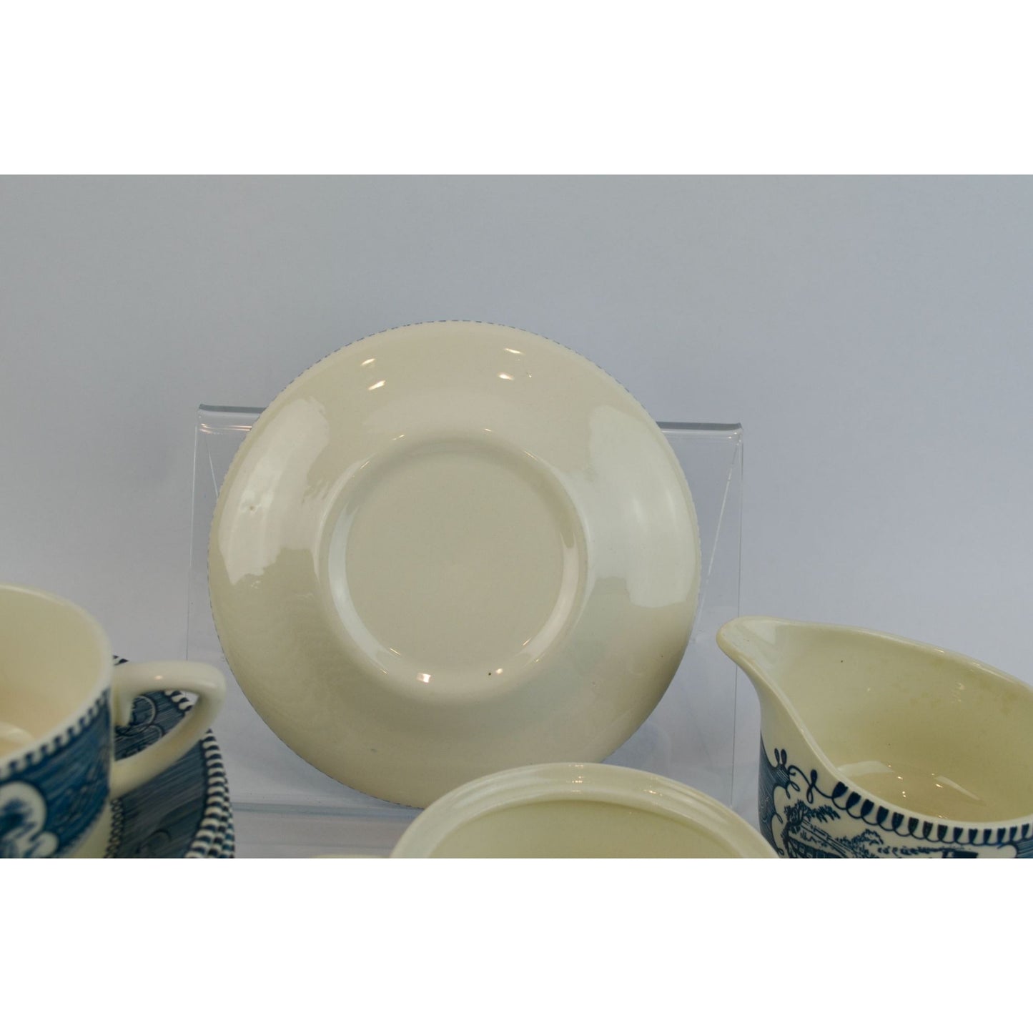 Currier & Ives Blue Dinnerware Set Various Pieces Plates Mugs Creamer Sugar