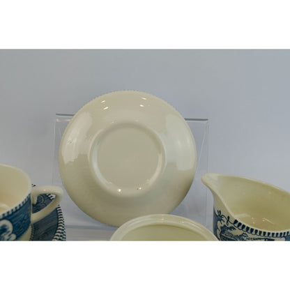 Currier & Ives Blue Dinnerware Set Various Pieces Plates Mugs Creamer Sugar