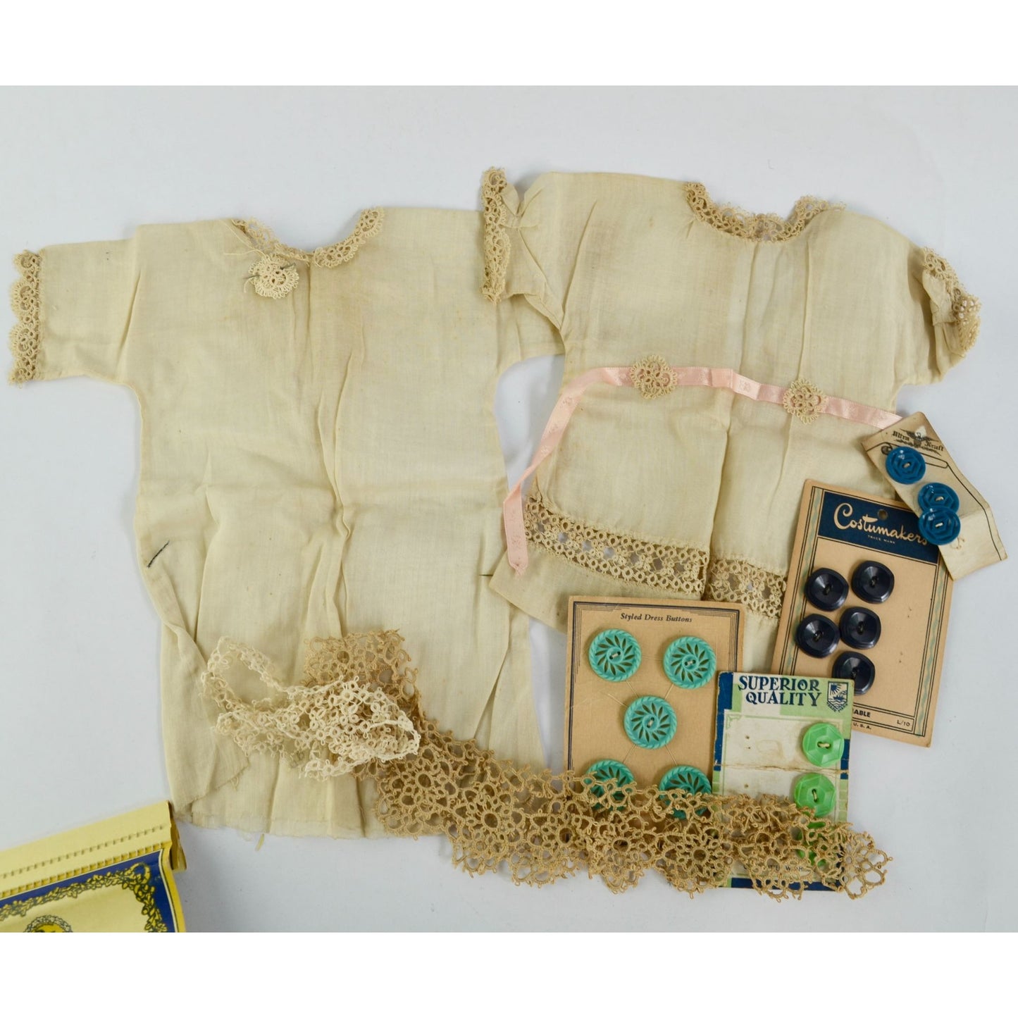 Antique Unfinished Doll Dresses Lot of 2 Plus Buttons Needles & Lace