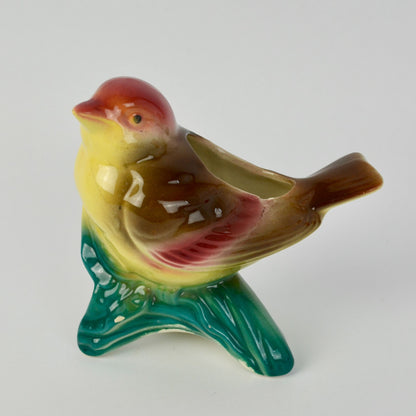 Vintage Royal Copley Kinglet Bird On a Branch Planter Red Beige Yellow Green