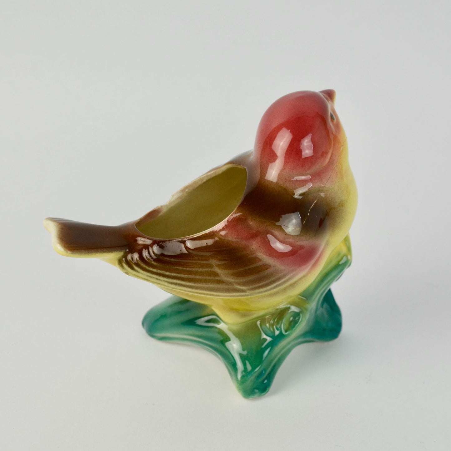 Vintage Royal Copley Kinglet Bird On a Branch Planter Red Beige Yellow Green