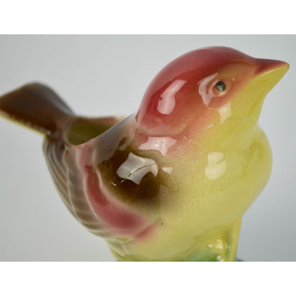 Vintage Royal Copley Kinglet Bird On a Branch Planter Red Beige Yellow Green