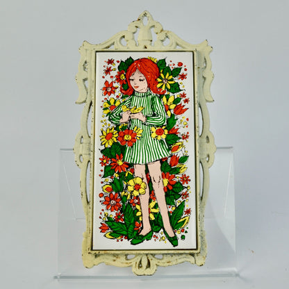 Vintage Trivet Japan Red-head Girl Floral Rectangular Mod
