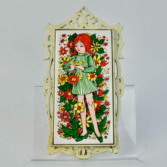 Vintage Trivet Japan Red-head Girl Floral Rectangular Mod