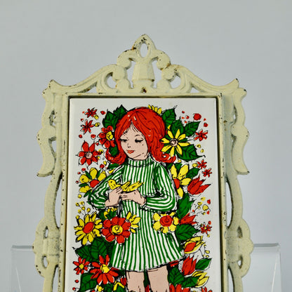 Vintage Trivet Japan Red-head Girl Floral Rectangular Mod
