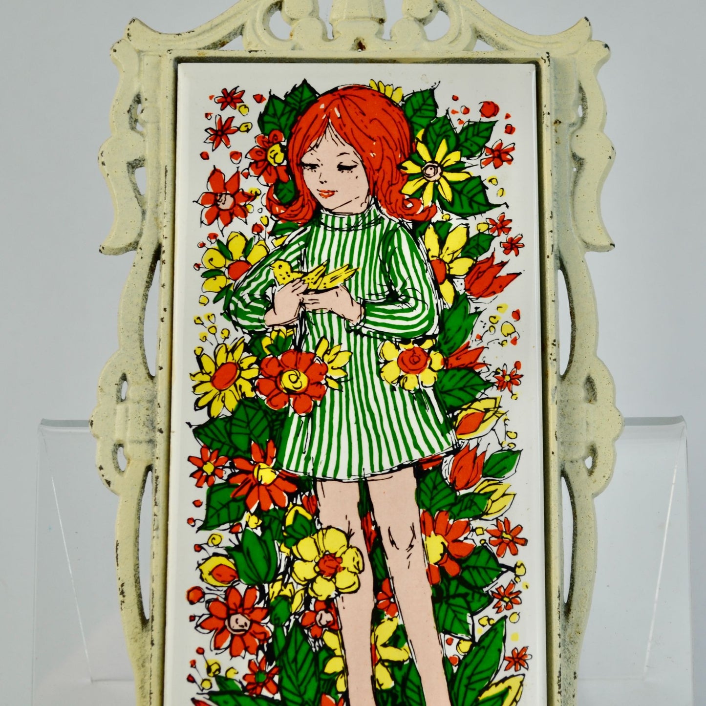 Vintage Trivet Japan Red-head Girl Floral Rectangular Mod