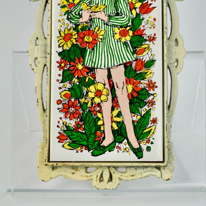 Vintage Trivet Japan Red-head Girl Floral Rectangular Mod