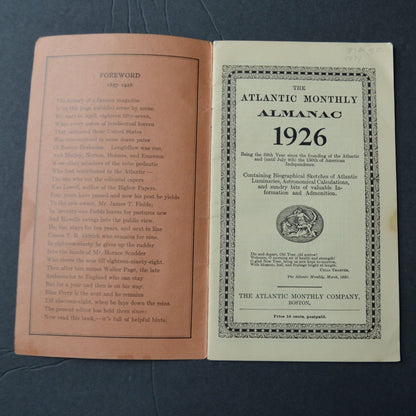 The Atlantic Monthly Almanac 1926 Antique Boston Monthly Company