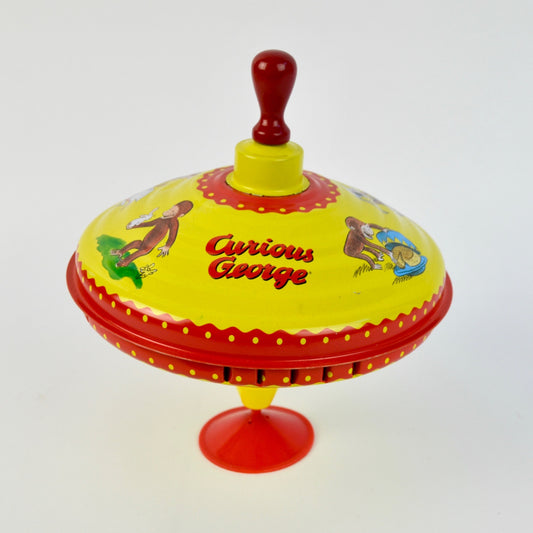 Vintage Curious George Red Yellow Metal Spin Top Toy