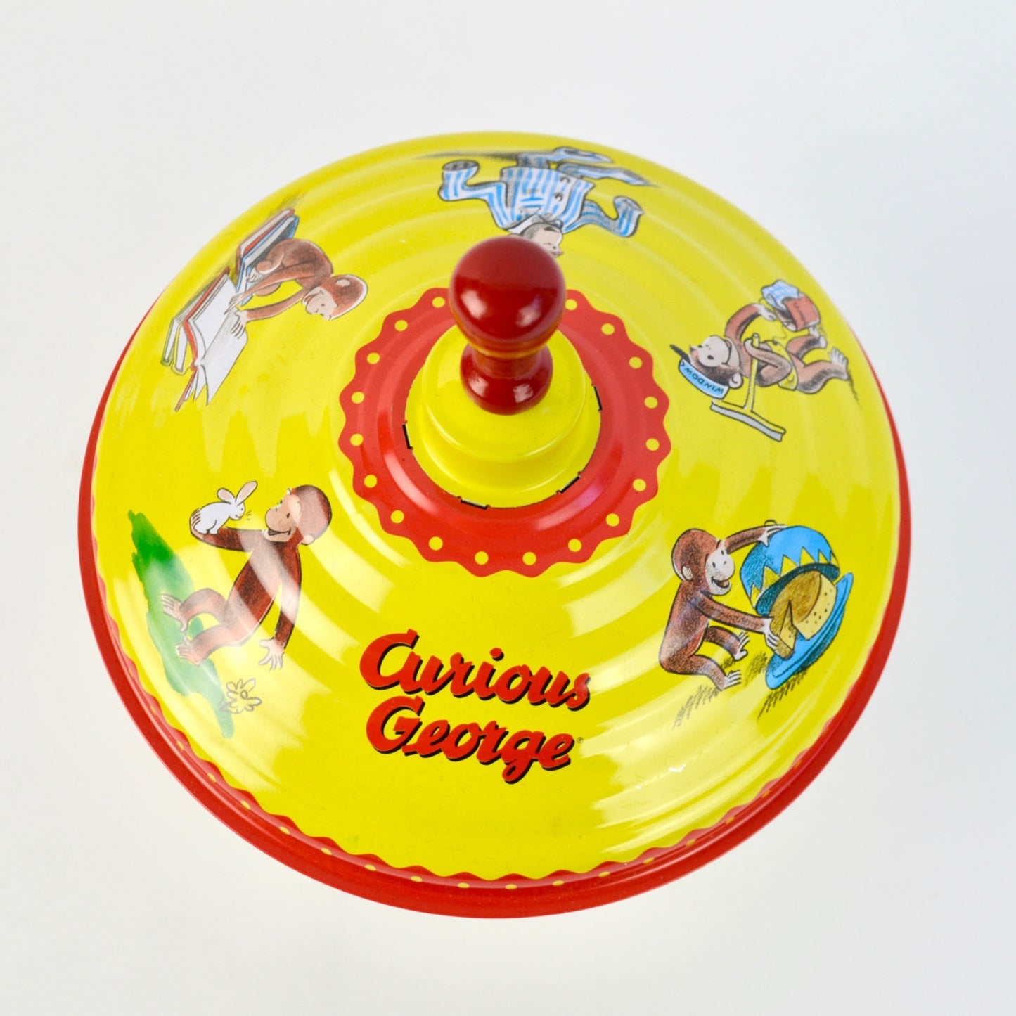 Vintage Curious George Red Yellow Metal Spin Top Toy