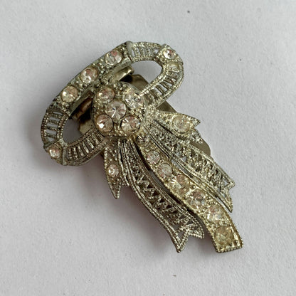 Vintage Art Deco Dress Clip Silver Rhinestone Ribbon Bow