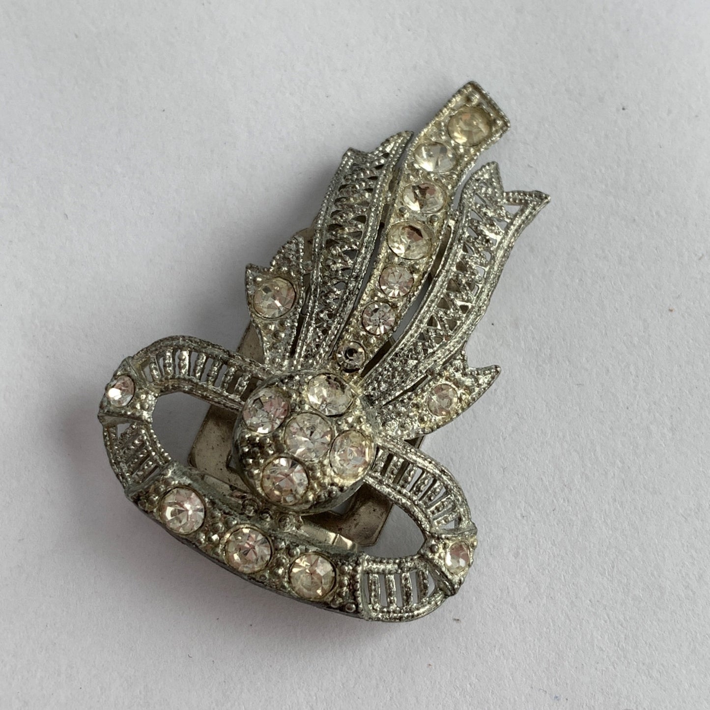 Vintage Art Deco Dress Clip Silver Rhinestone Ribbon Bow