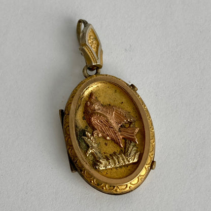 Victorian Antique Gold Rose Bird Locket Pendant Filled